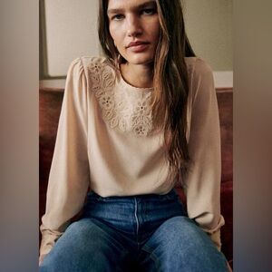 BNWT SEZANE CARLOTINE BLOUSE Cream US 8 FR 40 Silk Beige Embroidered Flowers